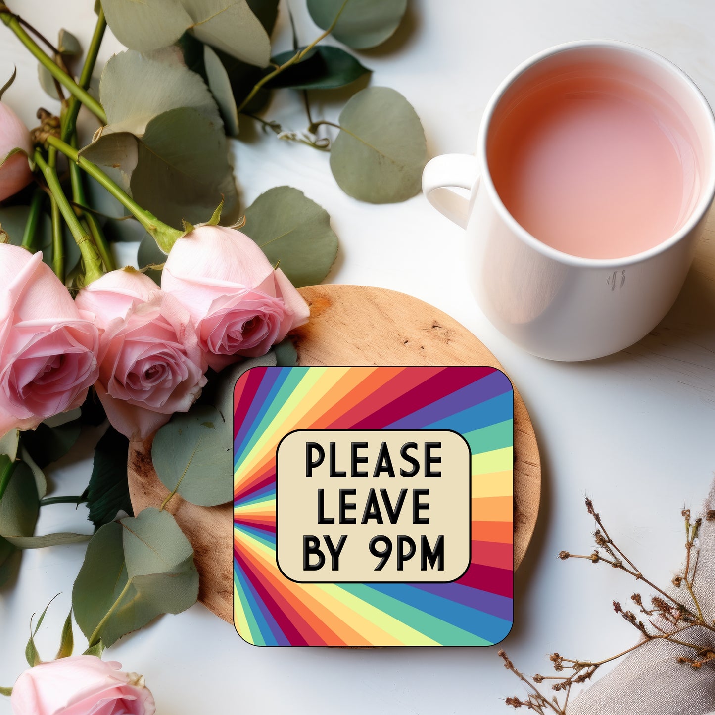 Coaster with 'Please Leave By 9PM' text on a colourful background