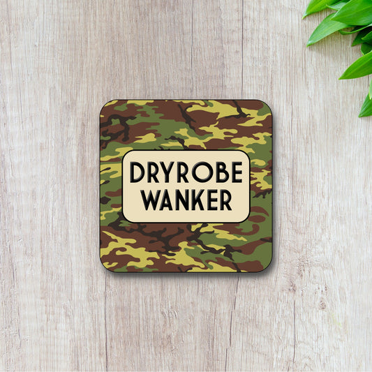 A square coaster with a camouflage pattern and the text 'DRYROBE WANKER' in the center.