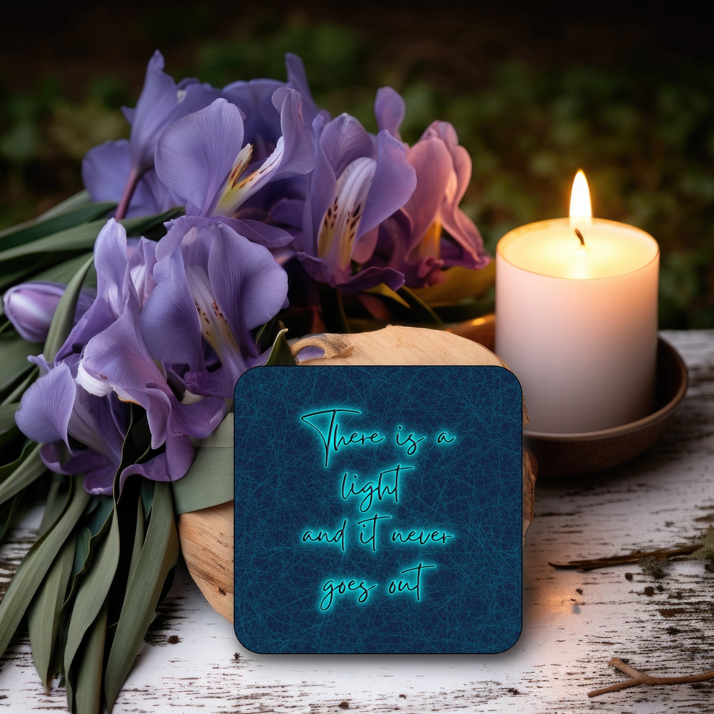 A square coaster with a blue background featuring the text 'There is a light and it never goes out' in a BRIGHT BLUE font. THE SMITHS LYRICS