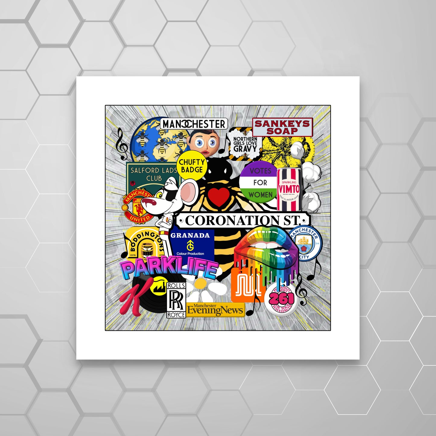 A colorful MOUNTED print featuring various cultural and iconic symbols related to Manchester, such as the bee, Manchester United, and other local references, arranged in a collage style on a white background.