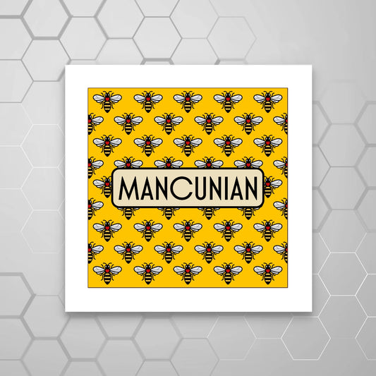 Poster with bee pattern and 'Mancunian' text on a yellow background