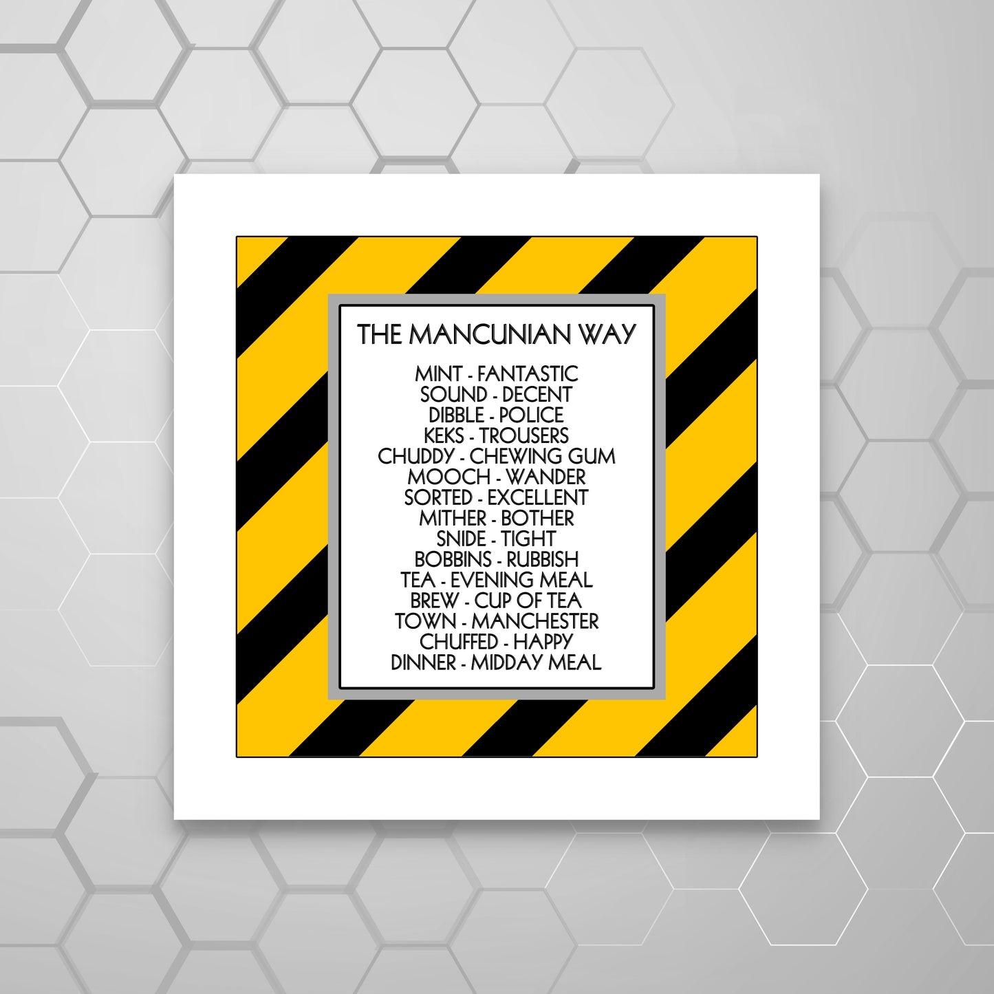 A square MOUNTED print with black and yellow stripes featuring a list of 'Mancunian SLANG' SAYINGS