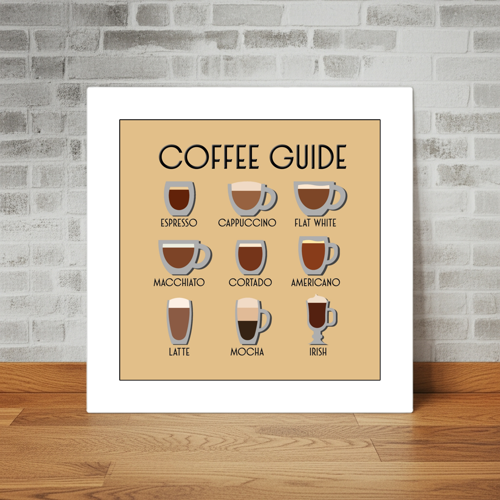 A MOUNTED PRINT OF DIFFERENT TYPES OF COFFEE AND COFFEE CUPS SU MACE GIFTS