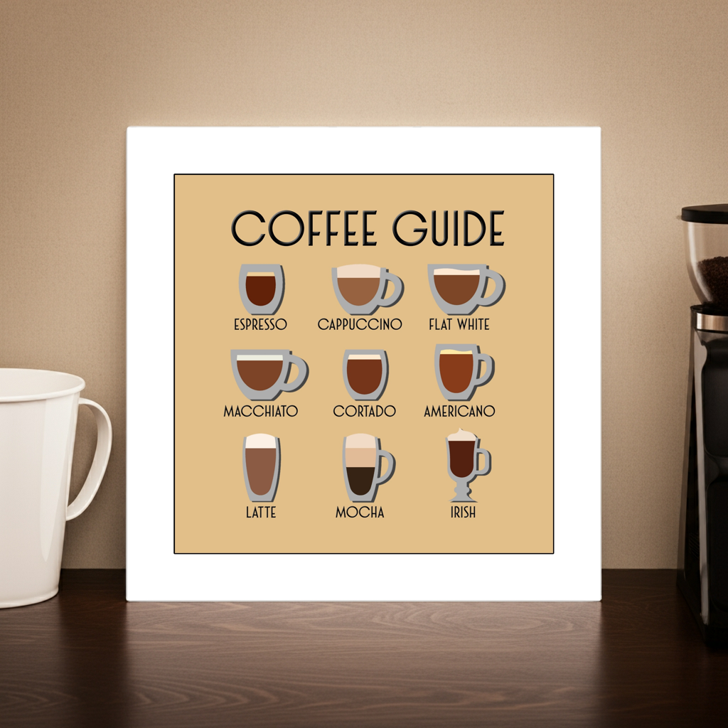 A MOUNTED PRINT OF DIFFERENT TYPES OF COFFEE AND COFFEE CUPS SU MACE GIFTS