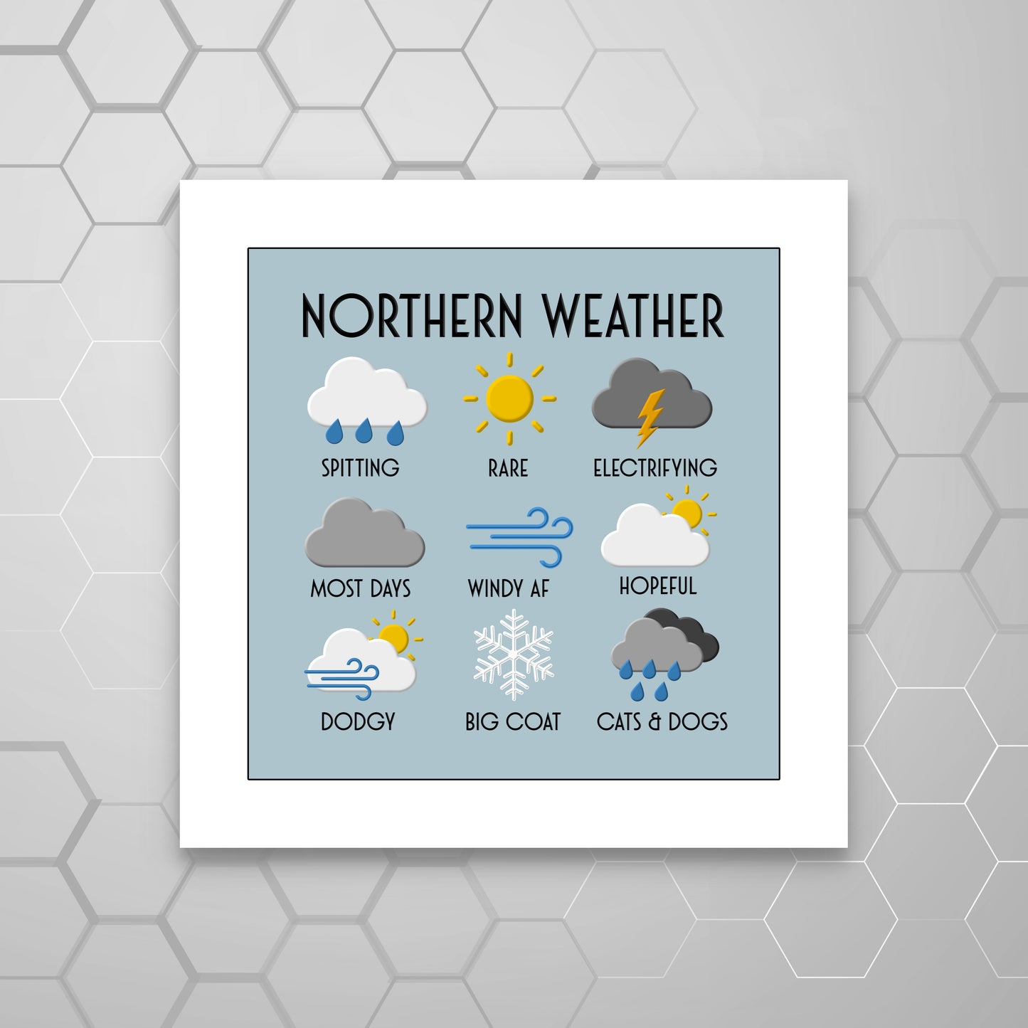 A MOUNTED print with the title 'NORTHERN WEATHER' featuring illustrations of various weather conditions such as spitting, rare, electrifying, most days, windy AF, hopeful, big coat, and cats & dogs.