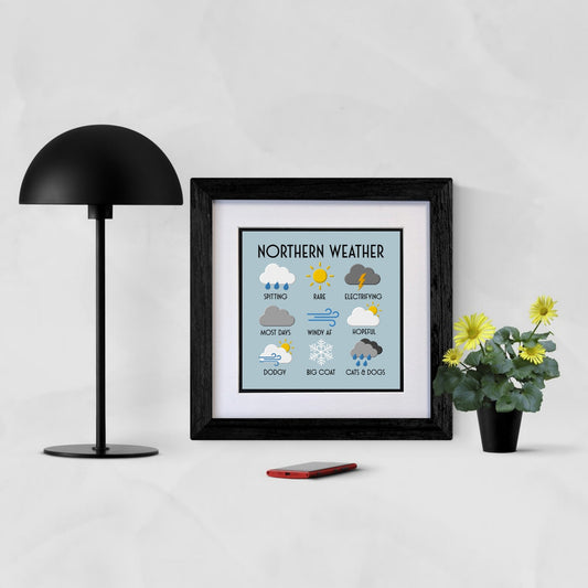 NORTHERN WEATHER FRAMED PRINT WITH WEATHER SYMBOLS.