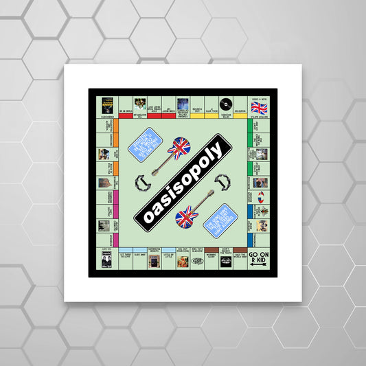 A MOUNTED print of a board game resembling Monopoly with Oasis-themed properties and game pieces, mounted on a white board.