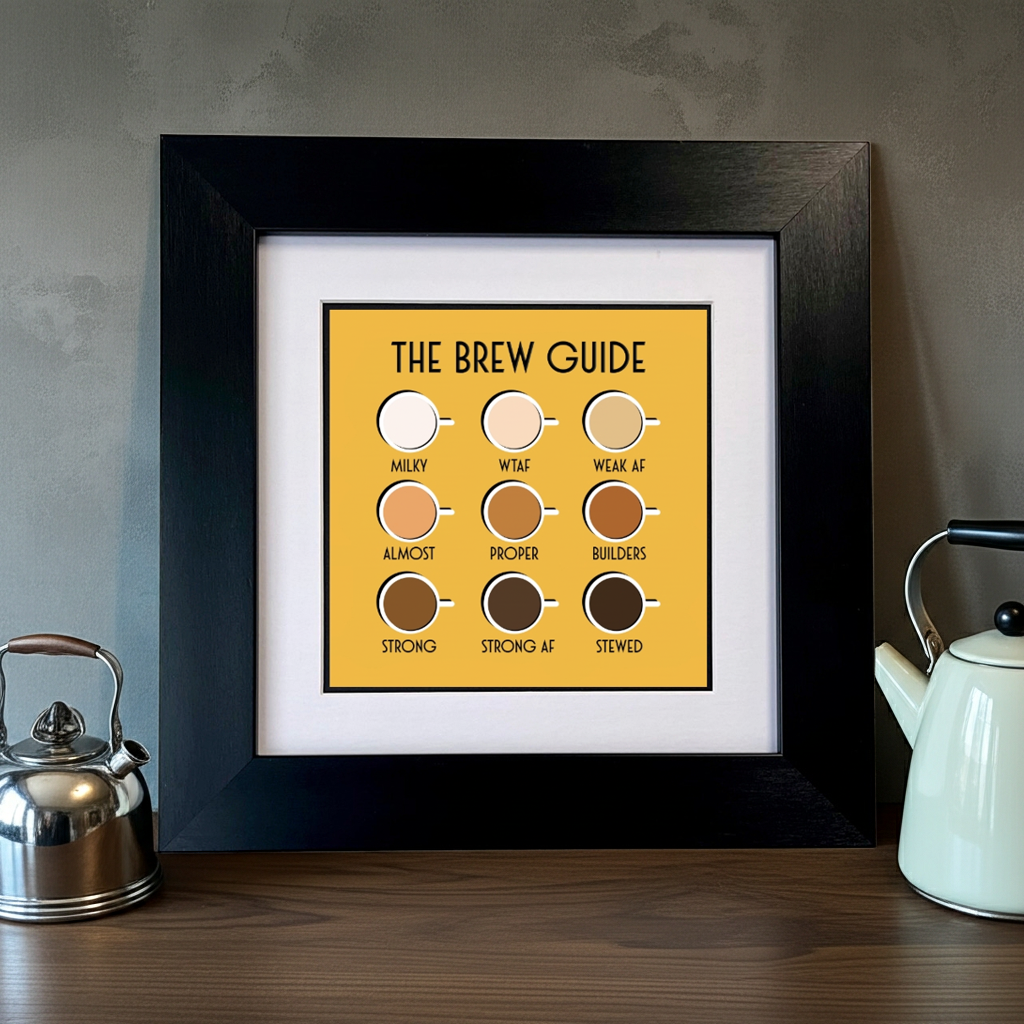 Framed print titled 'The Brew Guide' on a wooden surface with tea kettles. SU MACE GIFTS