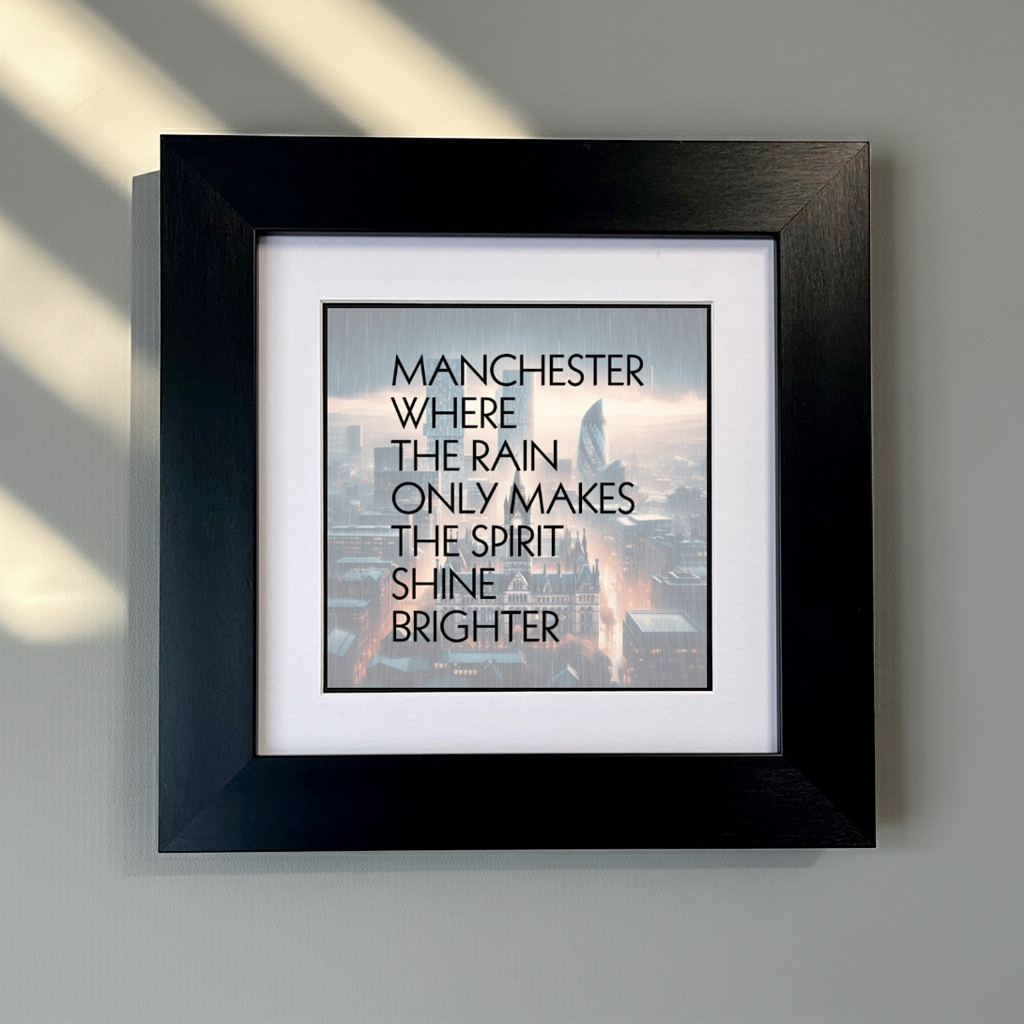 Framed print with text 'Manchester where the rain only makes the spirit shine brighter' SU MACE GIFTS