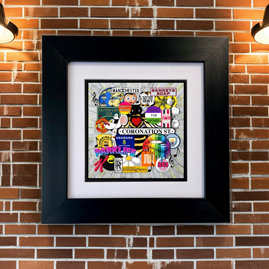 Framed artwork with MANCHESTER ICONS colourful design on a brick wall background SU MACE GIFTS