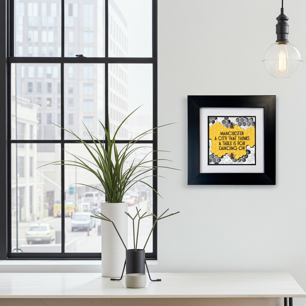 MANCHESTER A CITY THAT THINKS A TABLE IS FOR DANCING ON FRAMED PRINT