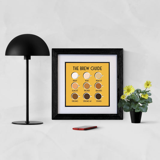 Framed print “The Brew Guide” showing tea strength chart in yellow and black