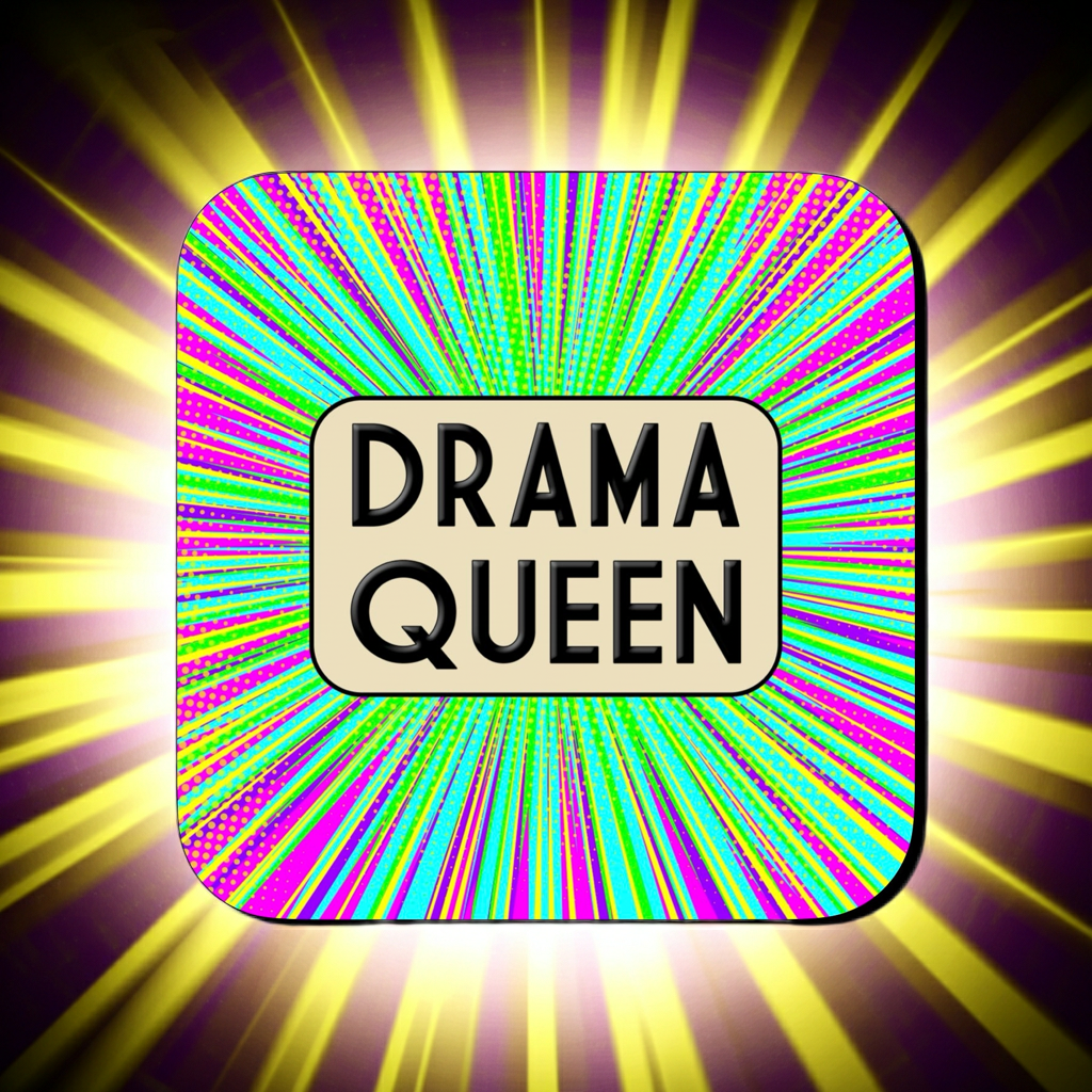 Coaster with a bright neon pop-art burst background in pink, green, yellow, and blue, featuring a rounded beige box at the center with bold black text reading ‘Drama Queen