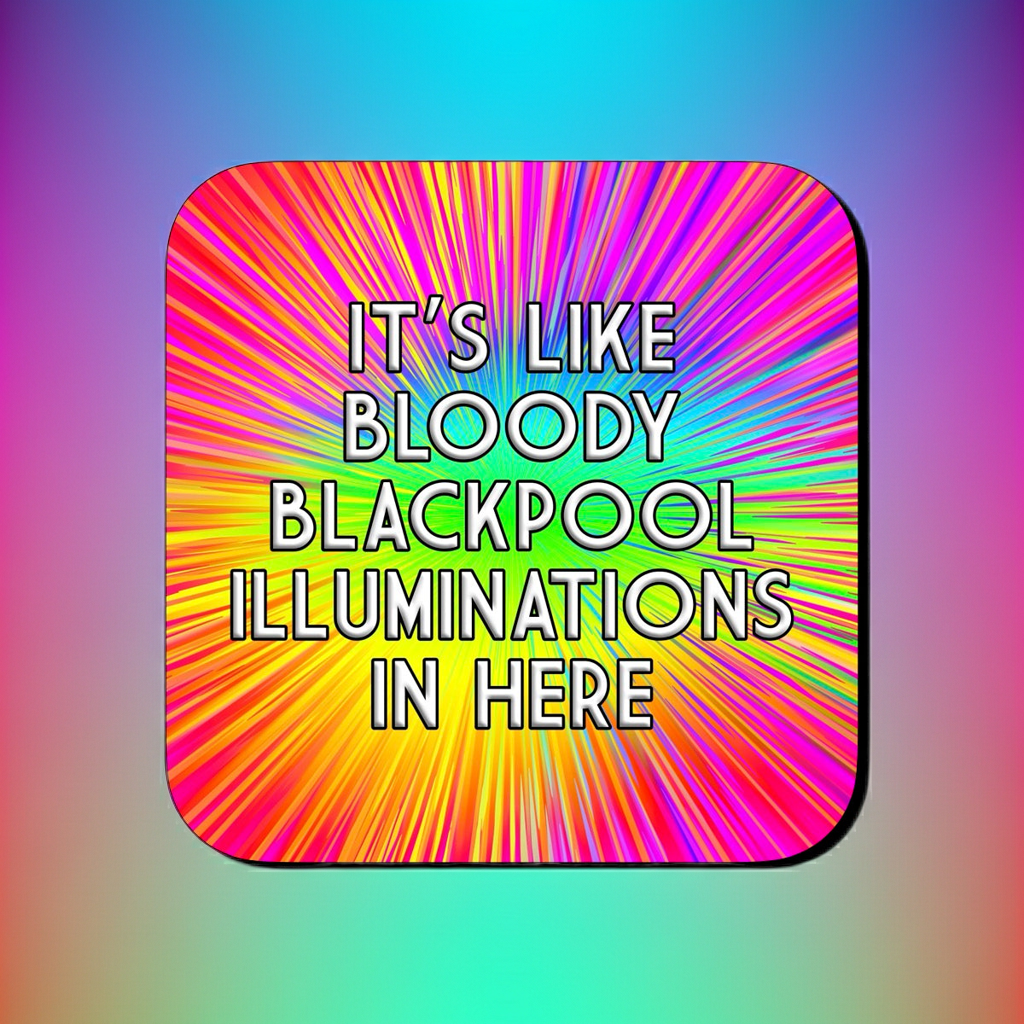 Coaster with a bright rainbow burst background radiating from the center, featuring bold text that reads ‘It’s like bloody Blackpool illuminations in here