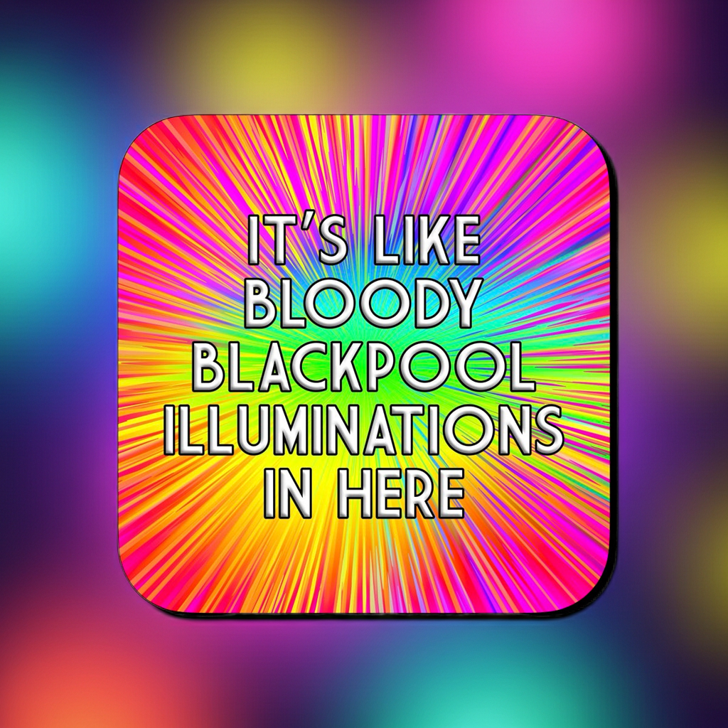 Coaster with a bright rainbow burst background radiating from the center, featuring bold text that reads ‘It’s like bloody Blackpool illuminations in here