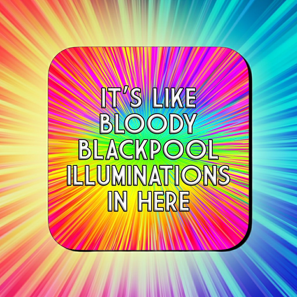 Coaster with a bright rainbow burst background radiating from the center, featuring bold text that reads ‘It’s like bloody Blackpool illuminations in here