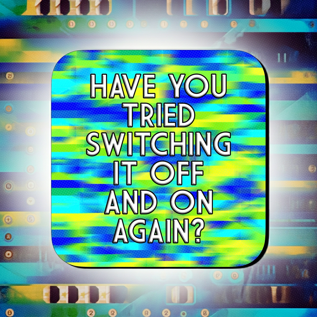 Coaster with a blue, green, and yellow glitch-style abstract background, featuring bold centered text that reads ‘Have you tried switching it off and on again?
