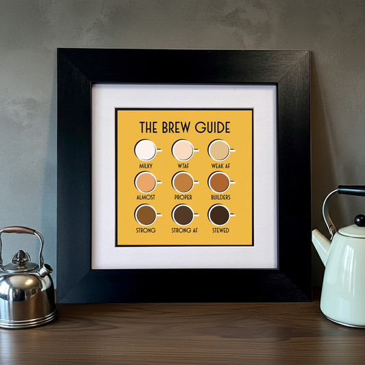 Framed print titled 'The Brew Guide' on a wooden surface with tea kettles. SU MACE GIFTS