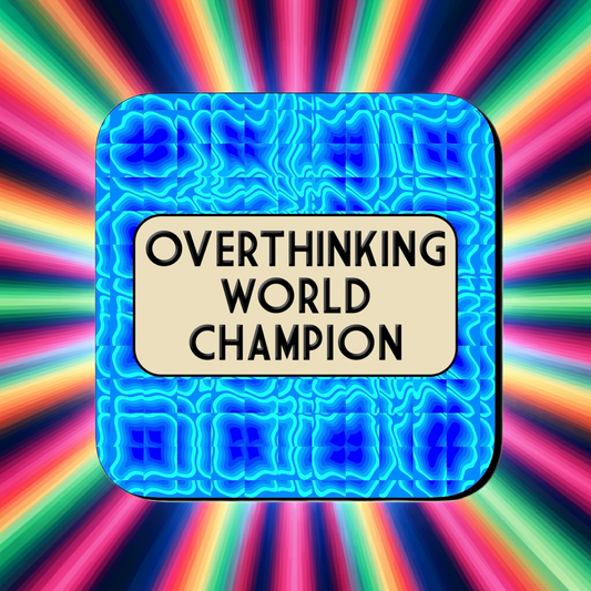 Coaster with a bright blue abstract ripple pattern background, featuring a rounded beige box in the center with bold black text reading ‘Overthinking World Champion