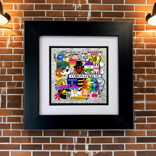 Framed artwork with MANCHESTER ICONS  colourful design on a brick wall background SU MACE GIFTS