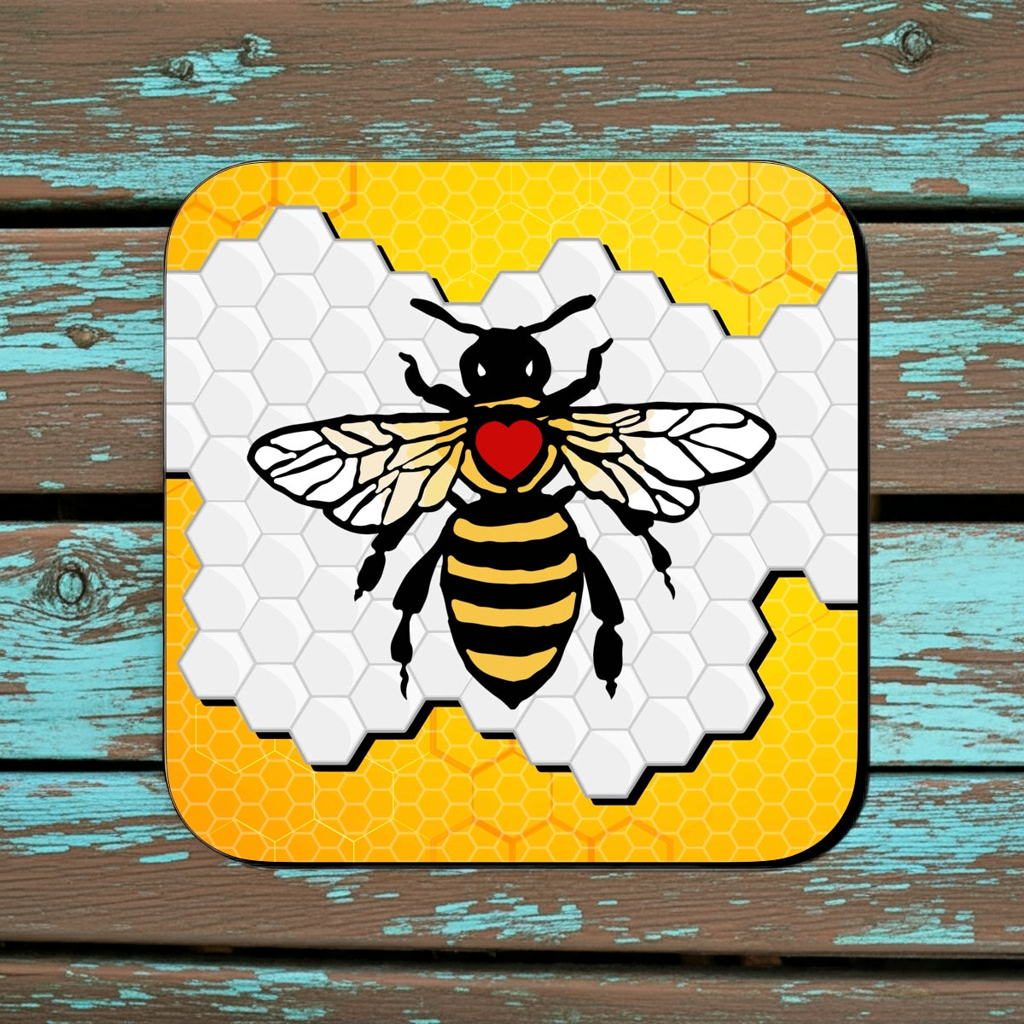 Coaster with bee design on a hexagonal pattern against a wooden background SU MACE GIFTS