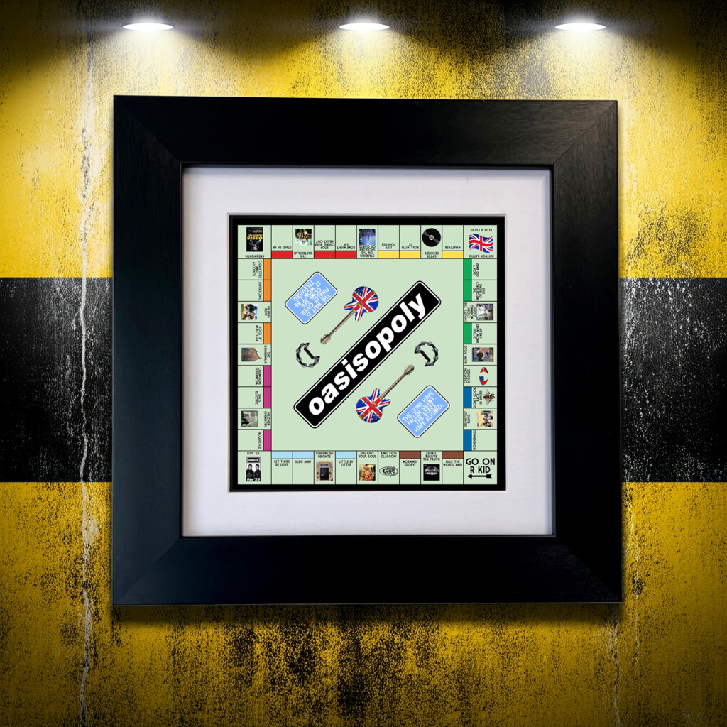 Framed Oasis monopoly PRINT on a yellow and black textured wall. SU MACE GIFTS