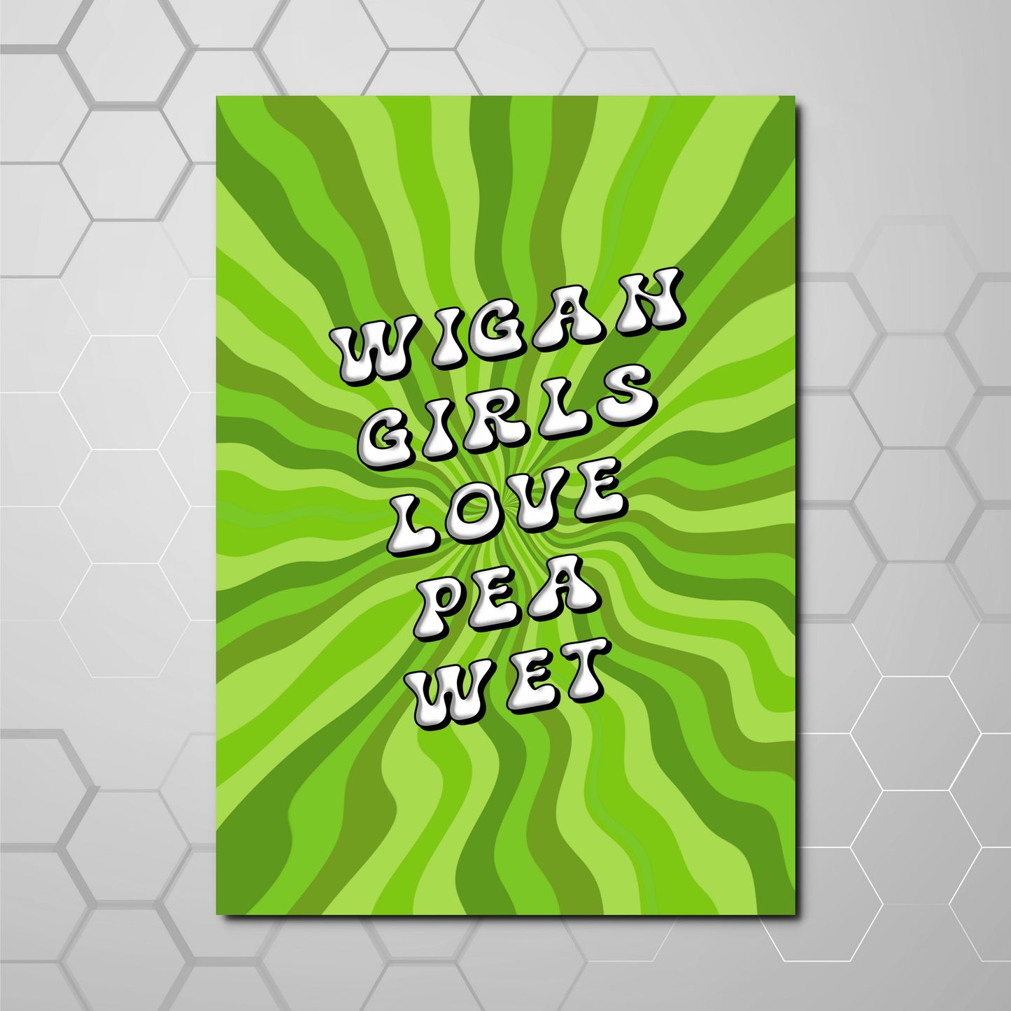 Wigan Girls Love Pea Wet funny typography print in green retro swirl design
