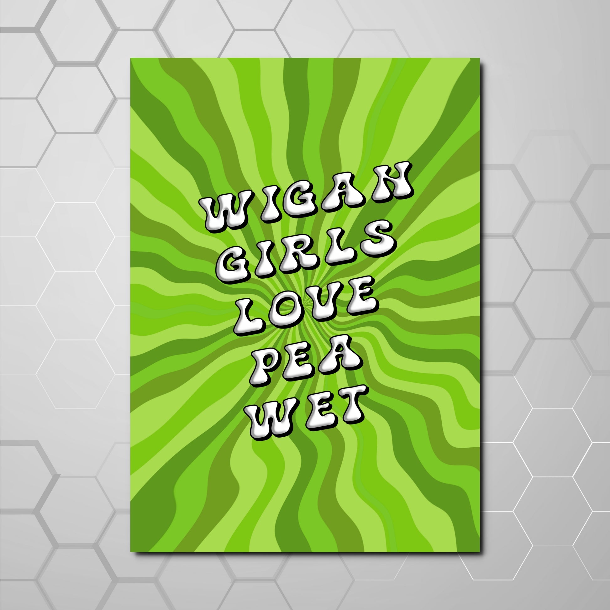 Wigan Girls Love Pea Wet funny typography print in green retro swirl design